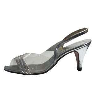 A'Mano Silver Decollette Stardust Slingback Peep Toe Heels Size 7